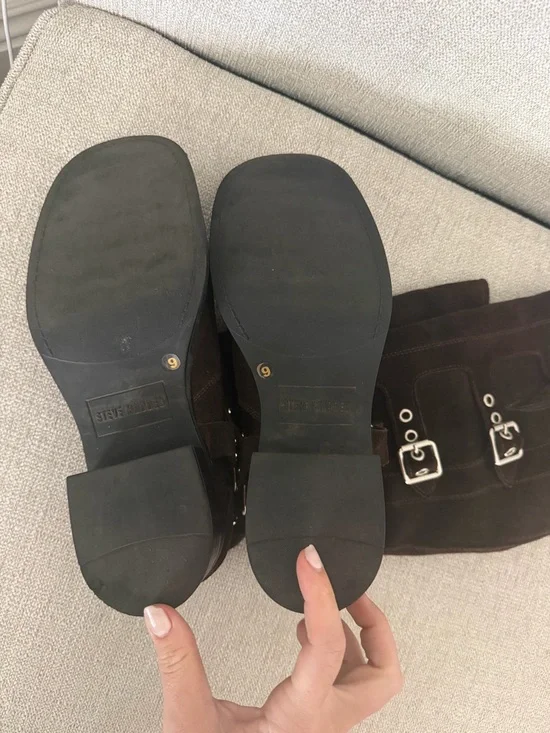 Steve Madden Brocks Chocolate Brown Suede Buckle Slouch Mid-Calf Moto Boots - Picture 8 of 12